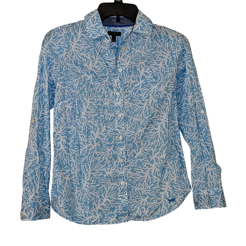 Talbots Petites Blue White Coral Print Button Down Shirt Size P Small